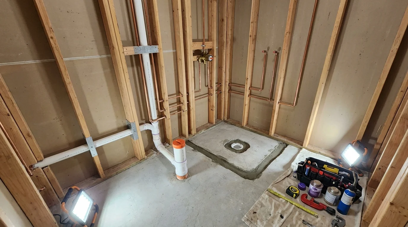 Bathroom rough-in plumbing during remodel by Johns Plumbing LLC in Norman