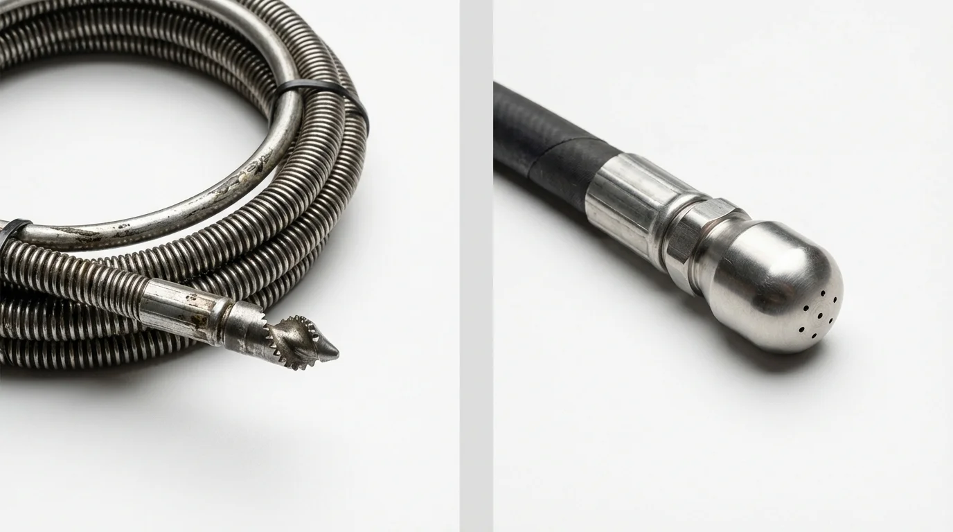 Drain snake cable and hydro jetting nozzle used for drain cleaning in Norman, OK