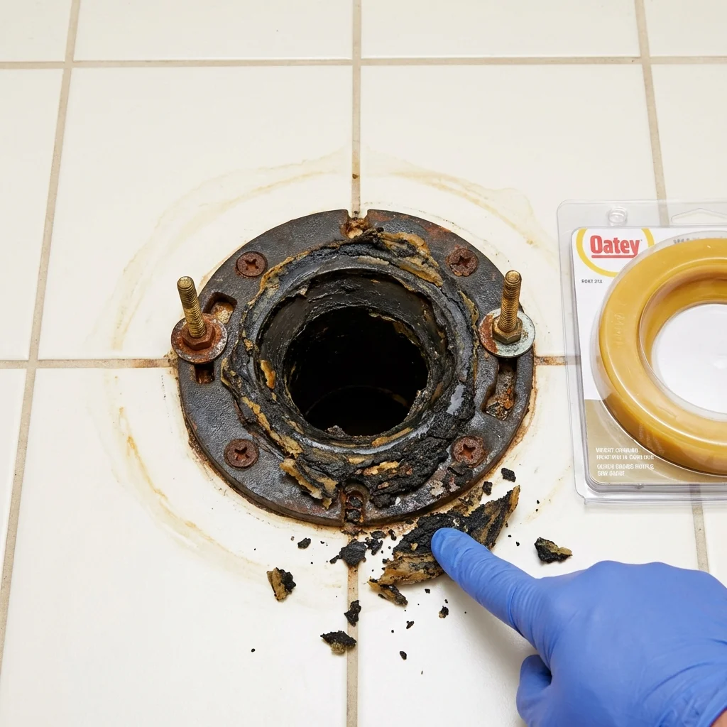 Failed wax ring showing water seepage at the base of a toilet in a Norman, OK home