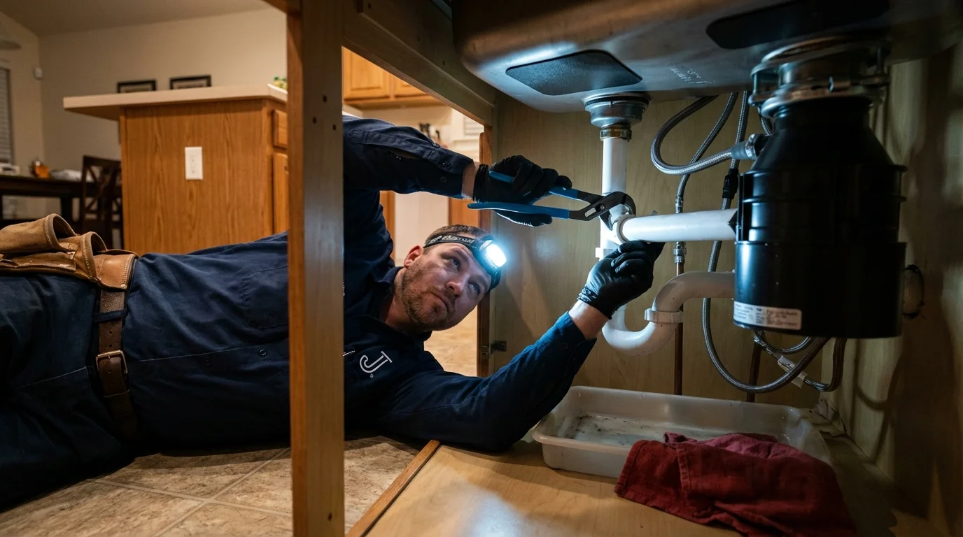 P-trap and supply line connections under a kitchen sink showing a common leak point in Norman, OK
